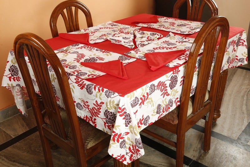 Dekor World Polyester Blend Floral Printed Table Cover with Place Mat & Napkin - Brown, 25 Piece - Image 1