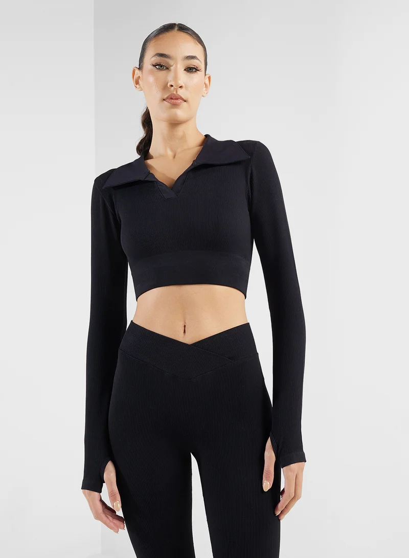 FRWD Long Sleeves Polo Neck Crop Top & Overlap Waist Legging Set