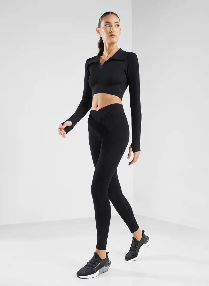 FRWD Long Sleeves Polo Neck Crop Top & Overlap Waist Legging Set