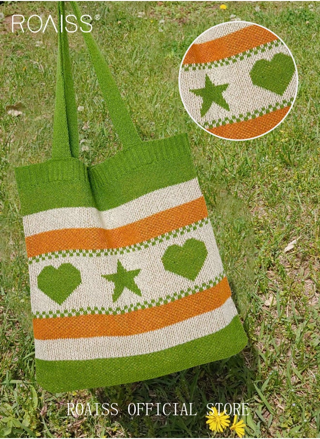 roaiss - Ladies Crochet Bag Women Heart and Star Knitted Shoulder Bag Beach Handbags Aesthetic Tote Bag Hobo Crochet Bag - Image 1