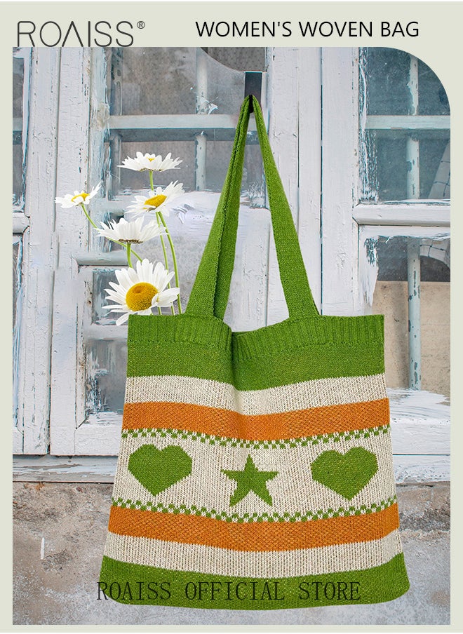 roaiss - Ladies Crochet Bag Women Heart and Star Knitted Shoulder Bag Beach Handbags Aesthetic Tote Bag Hobo Crochet Bag - Image 1