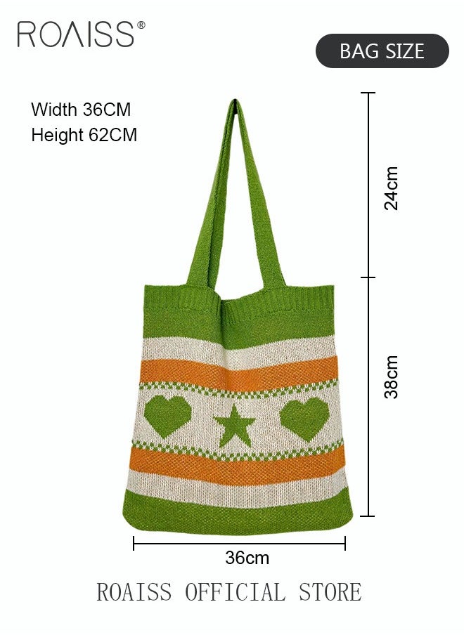 roaiss - Ladies Crochet Bag Women Heart and Star Knitted Shoulder Bag Beach Handbags Aesthetic Tote Bag Hobo Crochet Bag - Image 1
