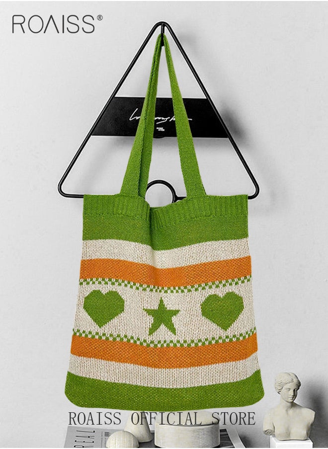 roaiss - Ladies Crochet Bag Women Heart and Star Knitted Shoulder Bag Beach Handbags Aesthetic Tote Bag Hobo Crochet Bag - Image 1