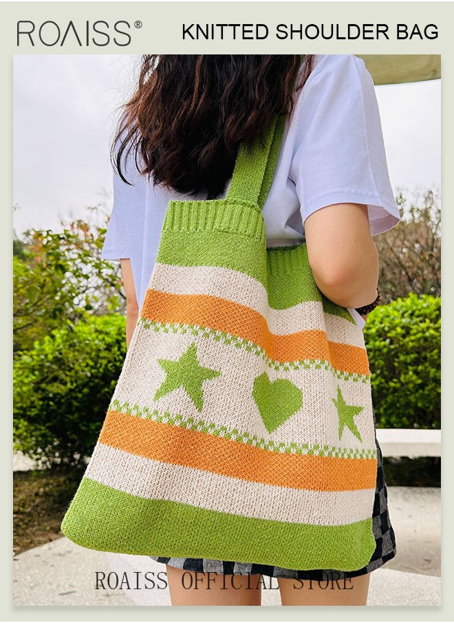 roaiss - Ladies Crochet Bag Women Heart and Star Knitted Shoulder Bag Beach Handbags Aesthetic Tote Bag Hobo Crochet Bag - Image 1