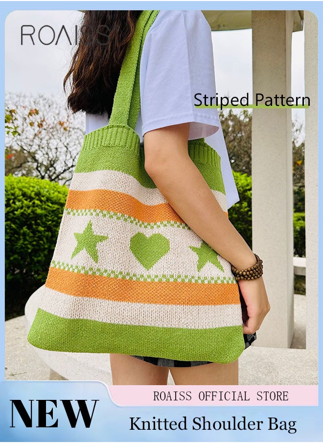 roaiss - Ladies Crochet Bag Women Heart and Star Knitted Shoulder Bag Beach Handbags Aesthetic Tote Bag Hobo Crochet Bag - Image 1