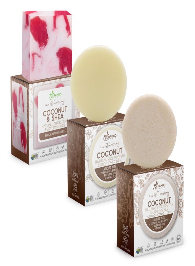 BAMBOEARTH Solid Rice Protein Shampoo, Conditioner and Body Wash Bundle | Shampoo, Conditioner & Wash Bars For Hair and Body w/All Natural Plant Based Essential Oils & Zero Waste Packaging (Coconut & Shea) - Image 1