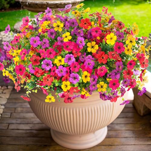 ADXORA 24 Bundles Artificial Flowers,Faux Plants for Spring Summer Decoration, UV Resistant Colorful Violets Eucalyptus for Outside Home Planter Porch Patio Yard Decor - Image 1