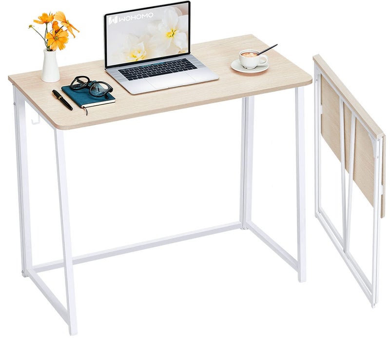 WOHOMO Folding Desk, Small Foldable Desk 39.4" for Small Spaces, Space Saving Computer Table Writing Workstation for Home Office, Easy Assembly, Oak - Image 1