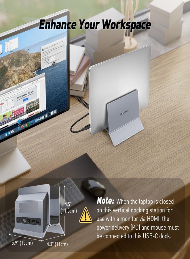 AboveTEK Vertical Laptop Docking Station, Gravity Auto Lock MacBook Stand, Aluminum Laptop Vertical Dock Stand, Silver - Image 5