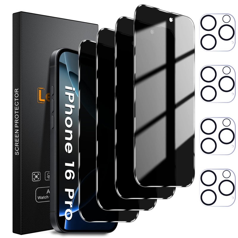 Lesakit 4+4 Pack Privacy Screen Protector for iPhone 16 Pro 6.3-Inch with 4 Pack Camera Lens Protector, Anti Spy Tempered Glass Film 9H Hardness Case Friendly - Image 1