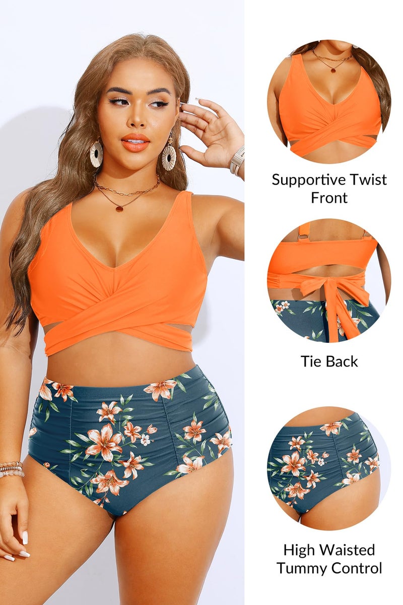 Yonique Women Plus Size High Waisted Bikini - Two Piece Swimsuit Tummy Control Bathing Suit Wrap Tie Back 2025 Swimwear Orange Flowers 18W - Image 5