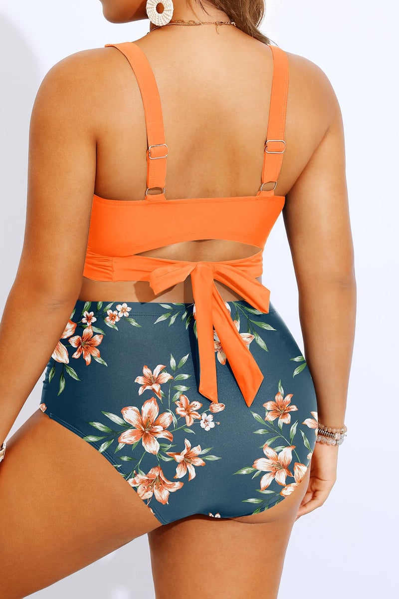 Yonique Women Plus Size High Waisted Bikini - Two Piece Swimsuit Tummy Control Bathing Suit Wrap Tie Back 2025 Swimwear Orange Flowers 18W - Image 2