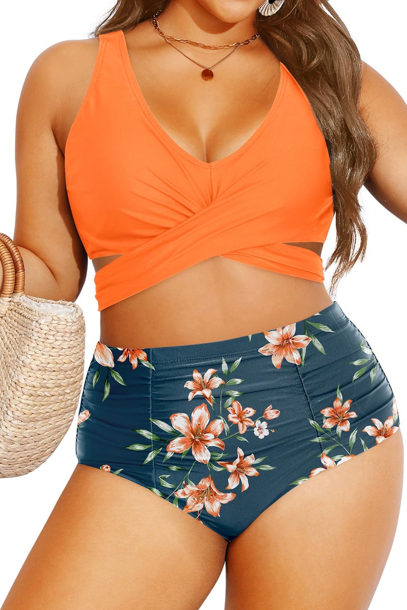 Yonique Women Plus Size High Waisted Bikini - Two Piece Swimsuit Tummy Control Bathing Suit Wrap Tie Back 2025 Swimwear Orange Flowers 18W - Image 1