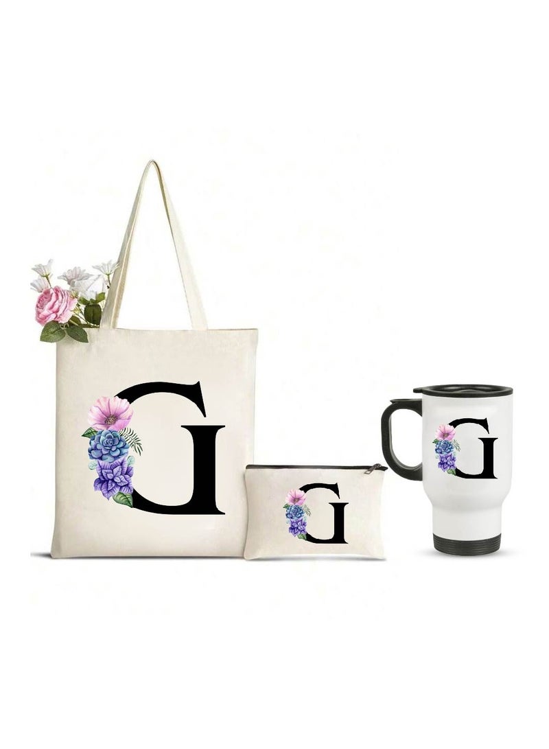 برينت شوب فور مي حقيبة حمل قطنية من القماش بأحرف أولية، وحقيبة مستحضرات تجميل، وكوب سفر من الفولاذ المقاوم للصدأ - مجموعة أنيقة مكونة من 3 مجموعات كومبو للفتيات - هدية لحفلات الزفاف - هدايا للفتيات - هدية للأصدقاء - Image 1
