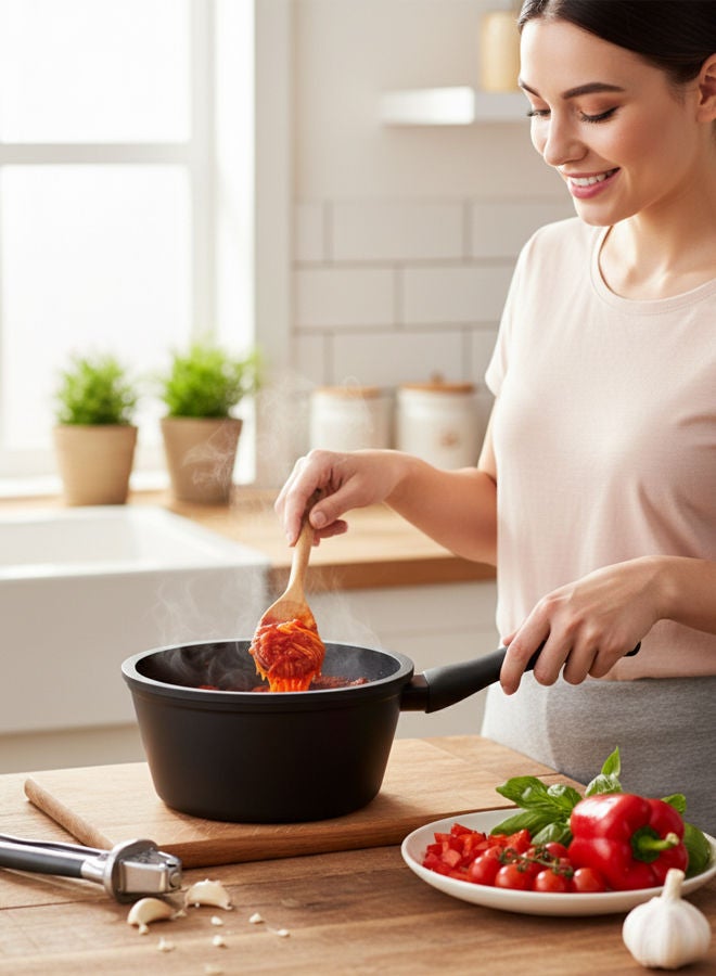 Trust Non-Stick Aluminium Sauce Pan With Glass Lid With Heat Resistant Handle Black 18cm - Image 3