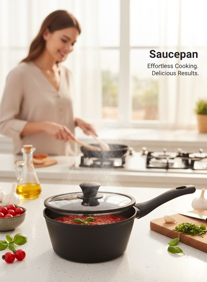 Trust Non-Stick Aluminium Sauce Pan With Glass Lid With Heat Resistant Handle Black 18cm - Image 2