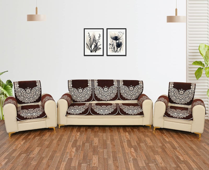 SAWNA HOMES 5 Seater Printed Sofa Cover Set with Arm Covers | Velvet Chenille Sofa Back Slip Panels for 3,1,1 Seater Sofa | Anti-Slip Washable Sofa Protectors for Living Room (12 Pcs, Coffee) - Image 5