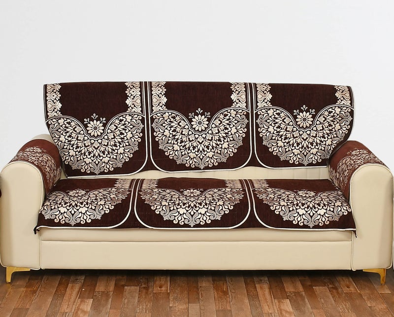SAWNA HOMES 5 Seater Printed Sofa Cover Set with Arm Covers | Velvet Chenille Sofa Back Slip Panels for 3,1,1 Seater Sofa | Anti-Slip Washable Sofa Protectors for Living Room (12 Pcs, Coffee) - Image 2