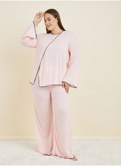 Plus Contrast Edge Split Long Sleeve T-Shirt & Pyjama Set