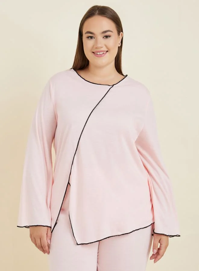 ستايلي Plus Contrast Edge Split Long Sleeve T-Shirt & Pyjama Set