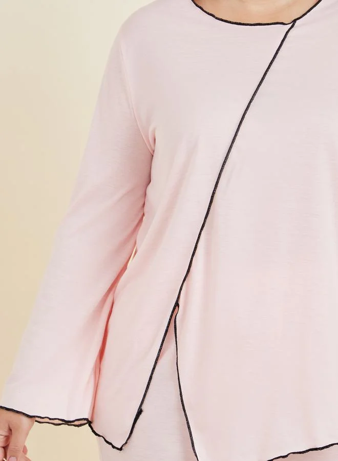 ستايلي Plus Contrast Edge Split Long Sleeve T-Shirt & Pyjama Set
