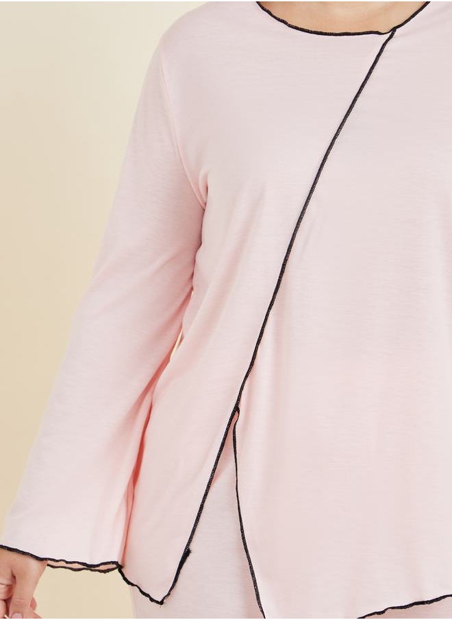 Styli - Plus Contrast Edge Split Long Sleeve T-Shirt & Pyjama Set - Image 1