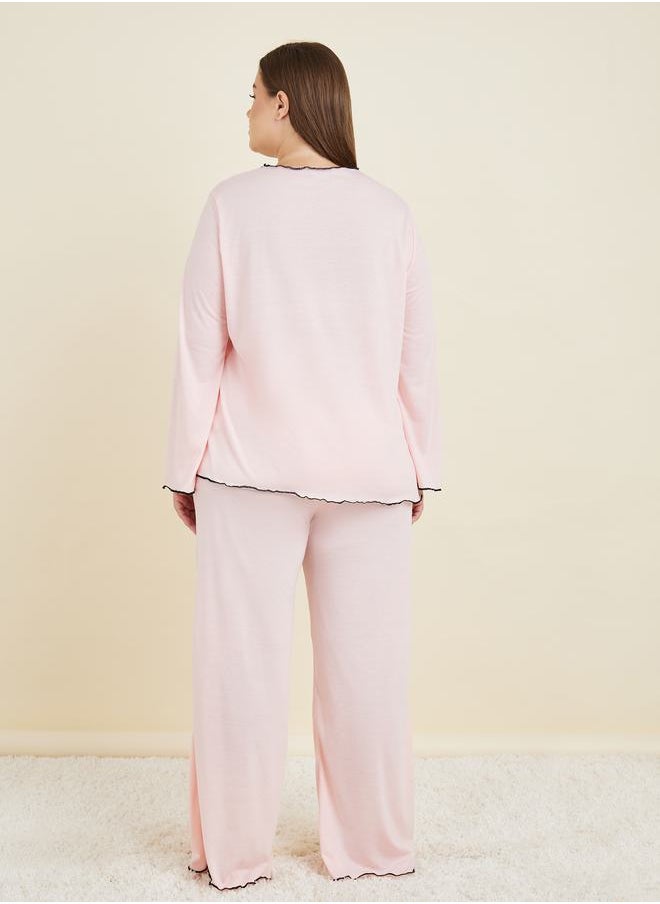 Styli - Plus Contrast Edge Split Long Sleeve T-Shirt & Pyjama Set - Image 1