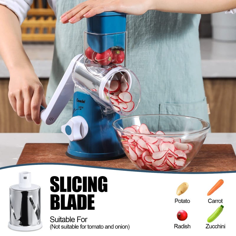 Geedel Rotary Cheese Grater, Kitchen Mandoline Vegetable Slicer with 3 Interchangeable Blades, Easy to Clean Rotary Grater Slicer for Fruit, Vegetables, Nuts - Image 3