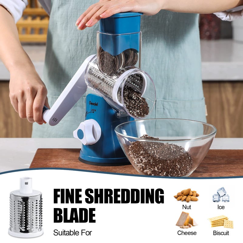 Geedel Rotary Cheese Grater, Kitchen Mandoline Vegetable Slicer with 3 Interchangeable Blades, Easy to Clean Rotary Grater Slicer for Fruit, Vegetables, Nuts - Image 5