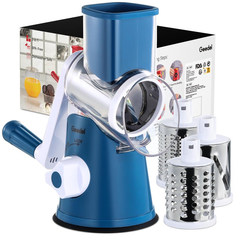 Geedel Rotary Cheese Grater, Kitchen Mandoline Vegetable Slicer with 3 Interchangeable Blades, Easy to Clean Rotary Grater Slicer for Fruit, Vegetables, Nuts - Image 1