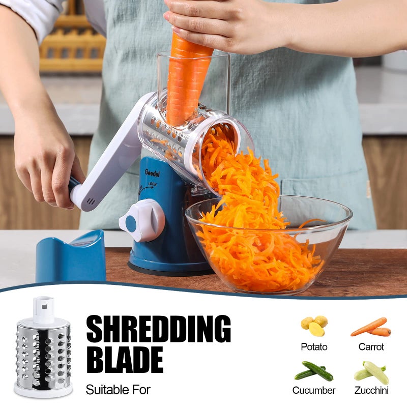 Geedel Rotary Cheese Grater, Kitchen Mandoline Vegetable Slicer with 3 Interchangeable Blades, Easy to Clean Rotary Grater Slicer for Fruit, Vegetables, Nuts - Image 4