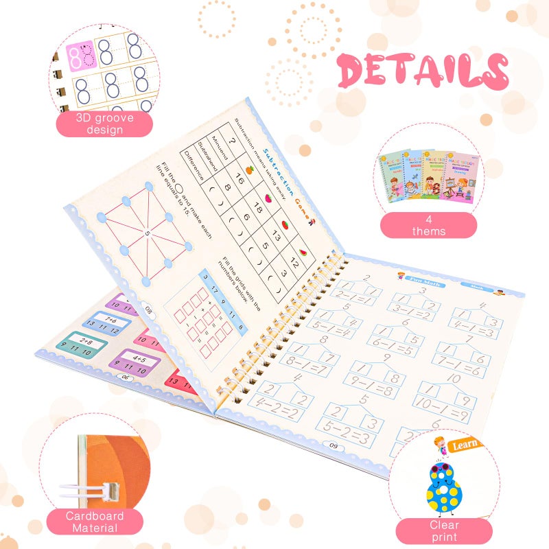 PEOCEFOY 4 Pc Magic Grooved Practice Copybook,Reusable Grooved Writing Books,Handwriting Book Practice for Kids,Writing Practice for Kids Ages 3-8 Calligraphy (4pc+Penï¼‰ - Image 3