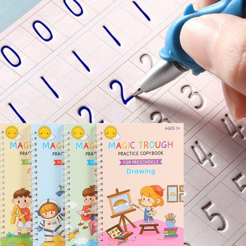 PEOCEFOY 4 Pc Magic Grooved Practice Copybook,Reusable Grooved Writing Books,Handwriting Book Practice for Kids,Writing Practice for Kids Ages 3-8 Calligraphy (4pc+Penï¼‰ - Image 1