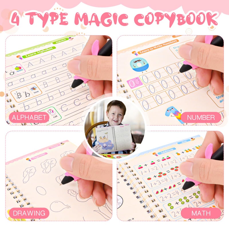 PEOCEFOY 4 Pc Magic Grooved Practice Copybook,Reusable Grooved Writing Books,Handwriting Book Practice for Kids,Writing Practice for Kids Ages 3-8 Calligraphy (4pc+Penï¼‰ - Image 4