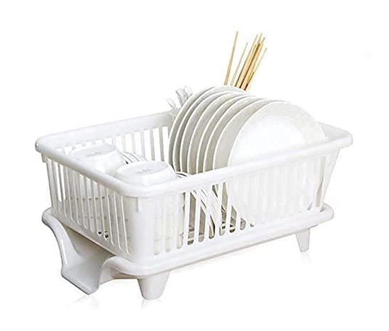 Birdwing 3 in 1 Large Durable Plastic Kitchen Sink Dish Rack Drainer Drying Rack Washing Basket with Tray for Kitchen, Dish Rack Organizers, Utensils Tools Cutlery (White) - Image 1