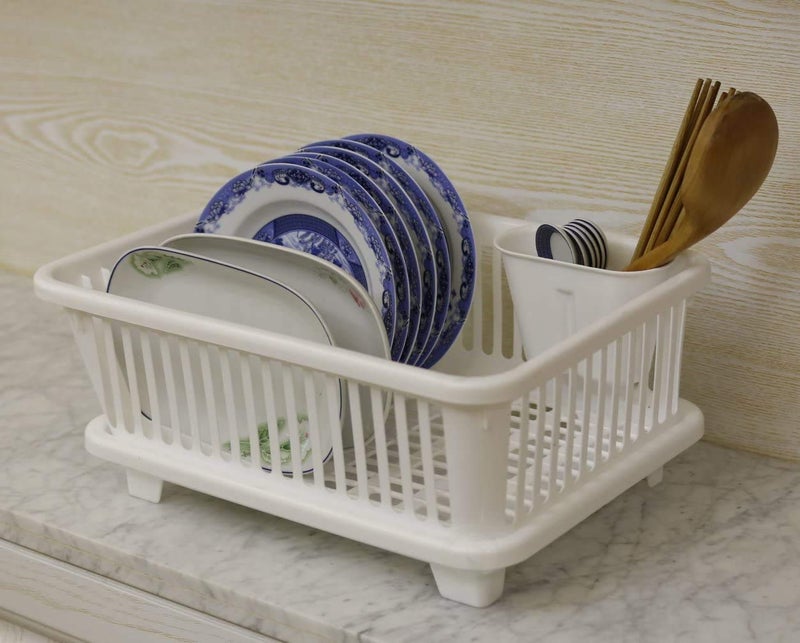Birdwing 3 in 1 Large Durable Plastic Kitchen Sink Dish Rack Drainer Drying Rack Washing Basket with Tray for Kitchen, Dish Rack Organizers, Utensils Tools Cutlery (White) - Image 3