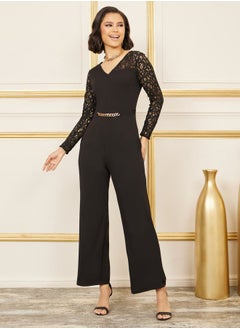 Styli Chain Detail Lace Sheer Sleeves Wide Leg Jumpsuit  - Image 1