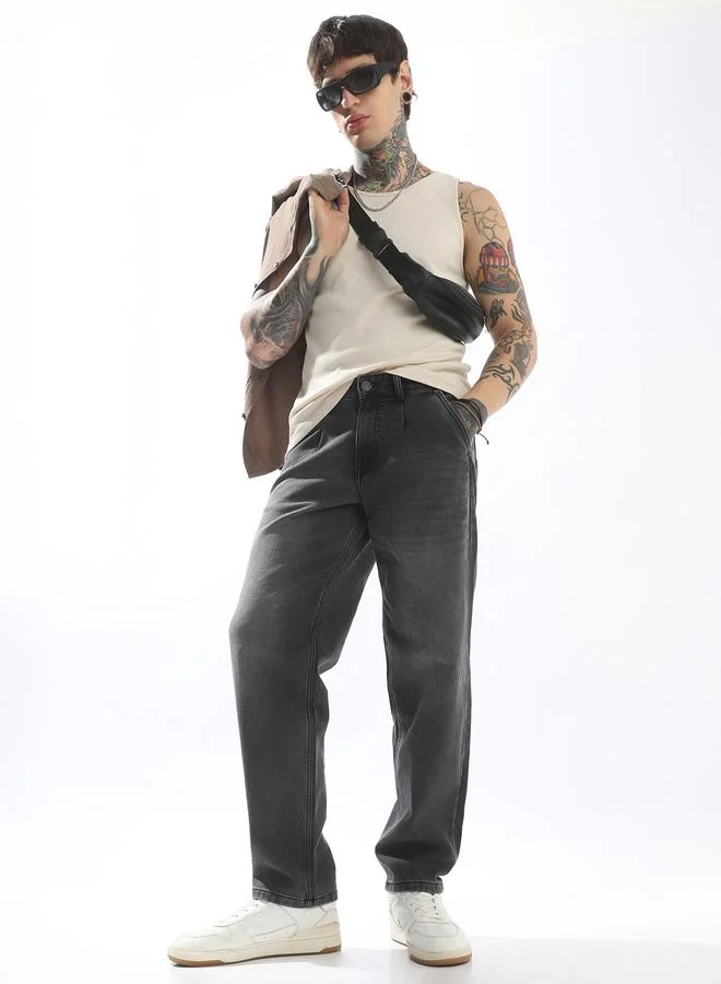 Men's Grey 100% Polyester Solid Pattern Full Length Pleat Front Relaxed Jeans