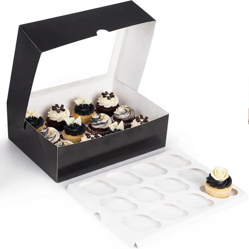 VGOODALL 12 Count Cupcake Boxes, 6PCS Cupcake Containers with Window Black Pastry Boxes for Birthday Holiday Party Bakery Supplies - Image 1