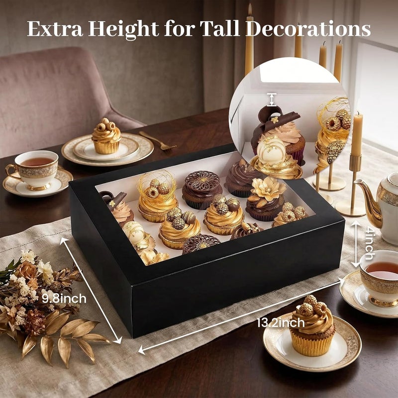 VGOODALL 12 Count Cupcake Boxes, 6PCS Cupcake Containers with Window Black Pastry Boxes for Birthday Holiday Party Bakery Supplies - Image 2