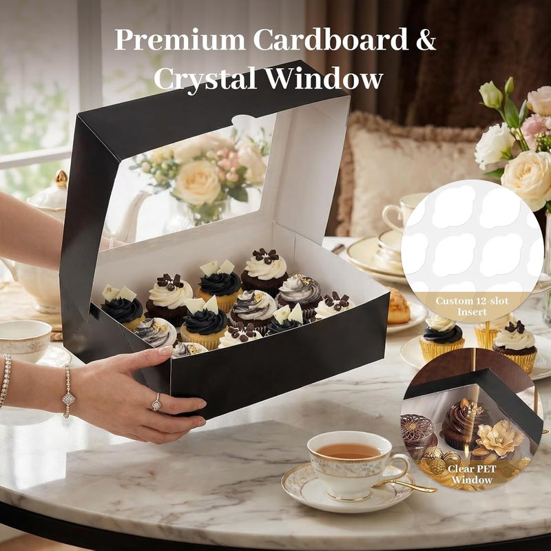 VGOODALL 12 Count Cupcake Boxes, 6PCS Cupcake Containers with Window Black Pastry Boxes for Birthday Holiday Party Bakery Supplies - Image 3