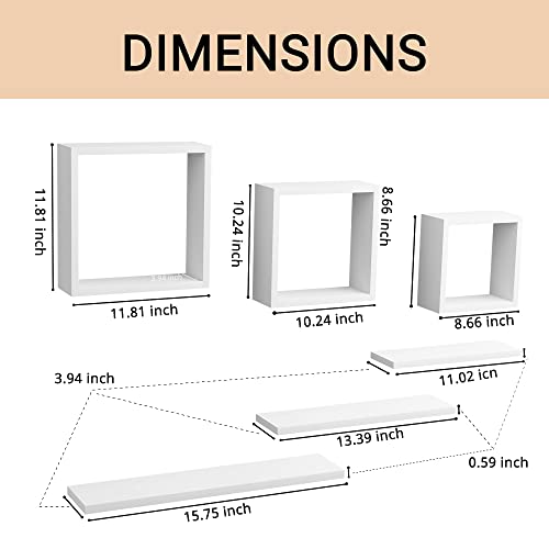 LUDORU Wooden Square Floating Shelves Wall Mount, Floating Cube Shelves Set of 6, Geometric Cube Wall Shelves for Wall Decor, Floating box shelves for Bedroom, Living Room, Bathroom, Kitchen, Office, White. - Image 2