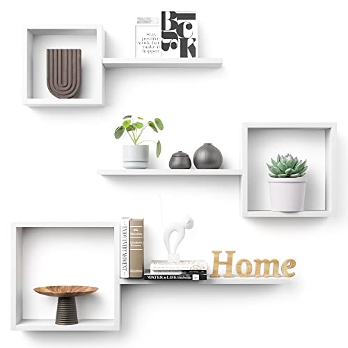 LUDORU Wooden Square Floating Shelves Wall Mount, Floating Cube Shelves Set of 6, Geometric Cube Wall Shelves for Wall Decor, Floating box shelves for Bedroom, Living Room, Bathroom, Kitchen, Office, White. - Image 1
