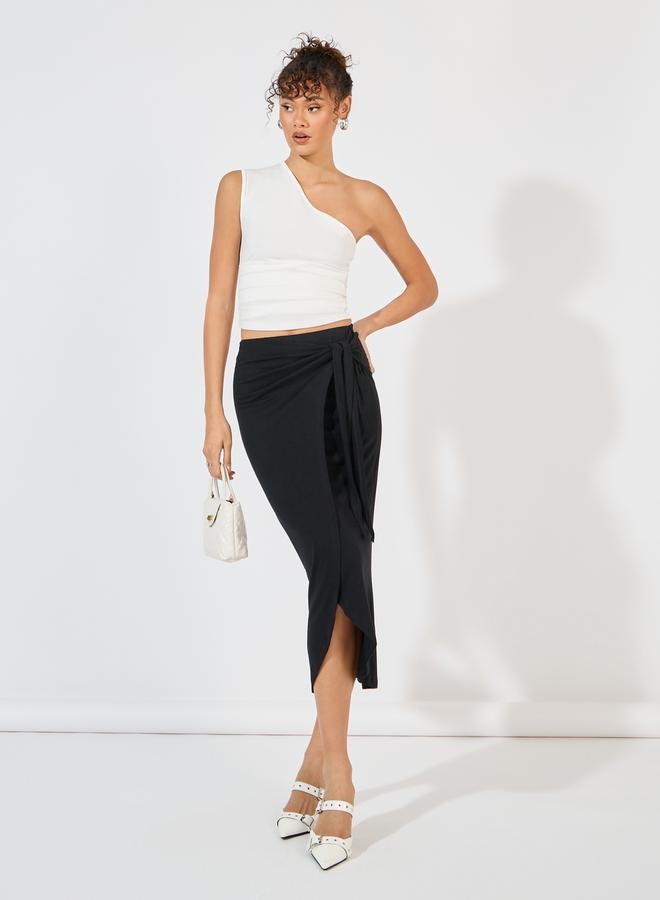 Styli Solid Wrap Midi Skirt with Tie-Up  - Image 1