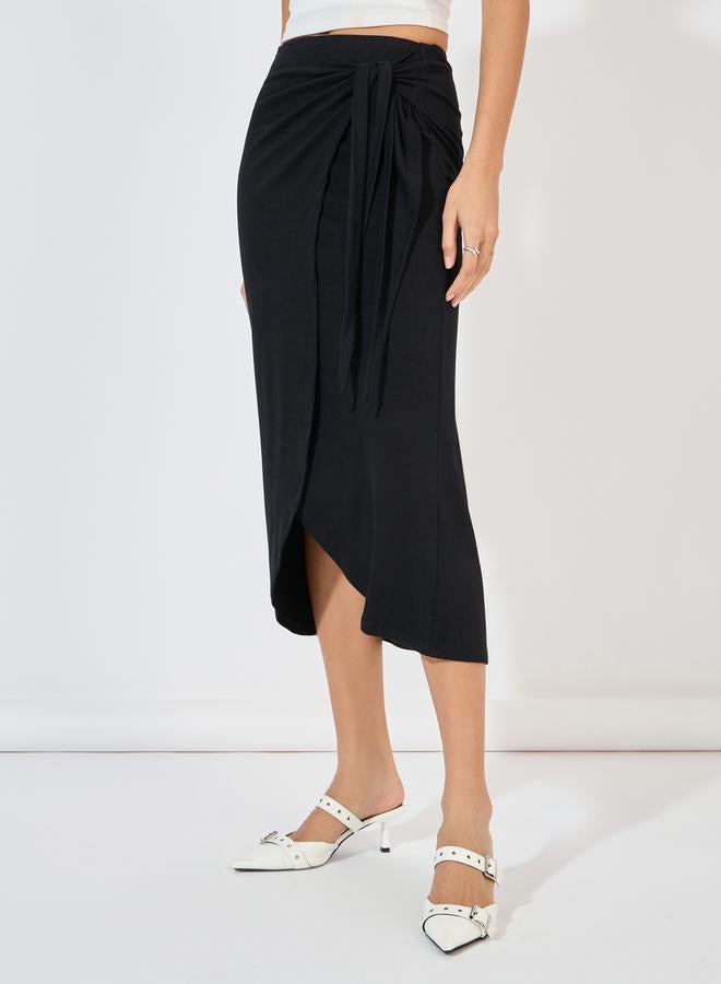 Styli Solid Wrap Midi Skirt with Tie-Up  - Image 2