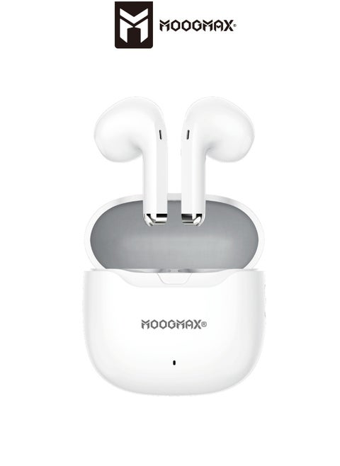 Moogmax MX-EP47 A TWS wireless Earbuds with built-in a clear microphone and powerful HAFI clear sound, game without lag, Bluetooth 5.4V and ergonomic elegant design. in white color