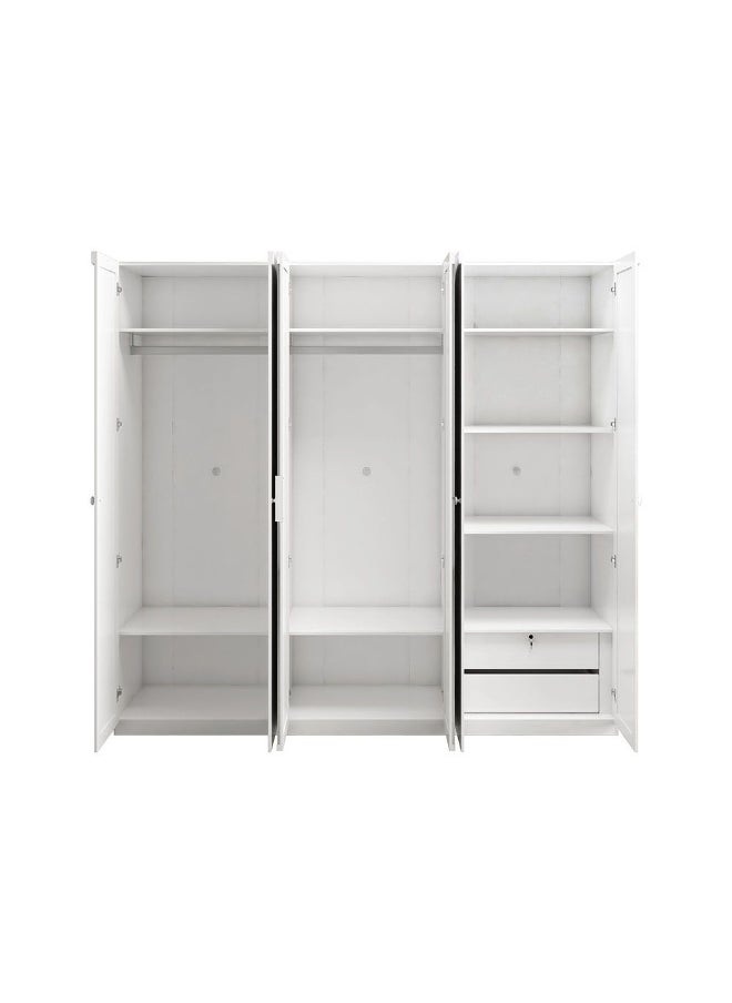 DANUBE HOME Calm 6 Door Wardrobe With Mirror Extra Sturdy Closet, Clothes Storage Cupboard Modern Design Space Saving Swing Door Cabinet For Bedroom L240xW59.6xH225cm - White  - Image 4