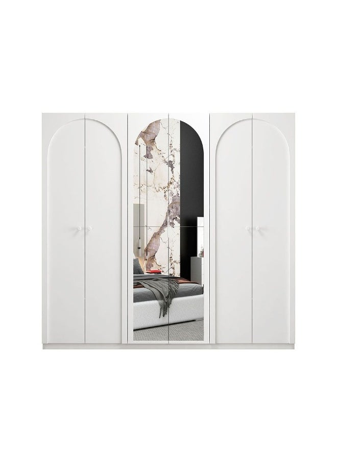DANUBE HOME Calm 6 Door Wardrobe With Mirror Extra Sturdy Closet, Clothes Storage Cupboard Modern Design Space Saving Swing Door Cabinet For Bedroom L240xW59.6xH225cm - White  - Image 3