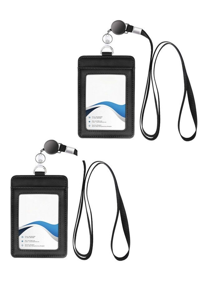 WANFAN 2 PCS Leather ID Badge Holder with Retractable Lanyard, Retractable Badge Reel Nylon Lanyard and Vertical ID Card Holder, Black - Image 1