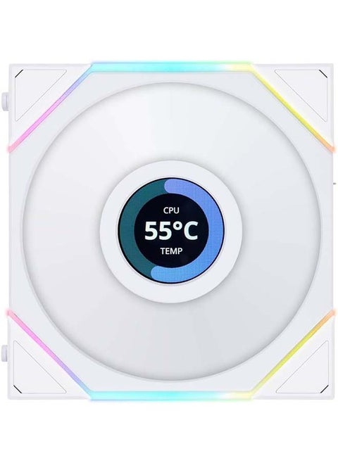 Lian Li Uni Fan TL 120 Reverse Blade Case Fan, 1.6" LCD, 120mm Fan Size, 1900 RPM Fan Speed, 54.3 CFM Airflow, PA66 / PBT Materials, Fluid Dynamic Bearing, Single Pack, White | G99.12RTLLCD1W.00